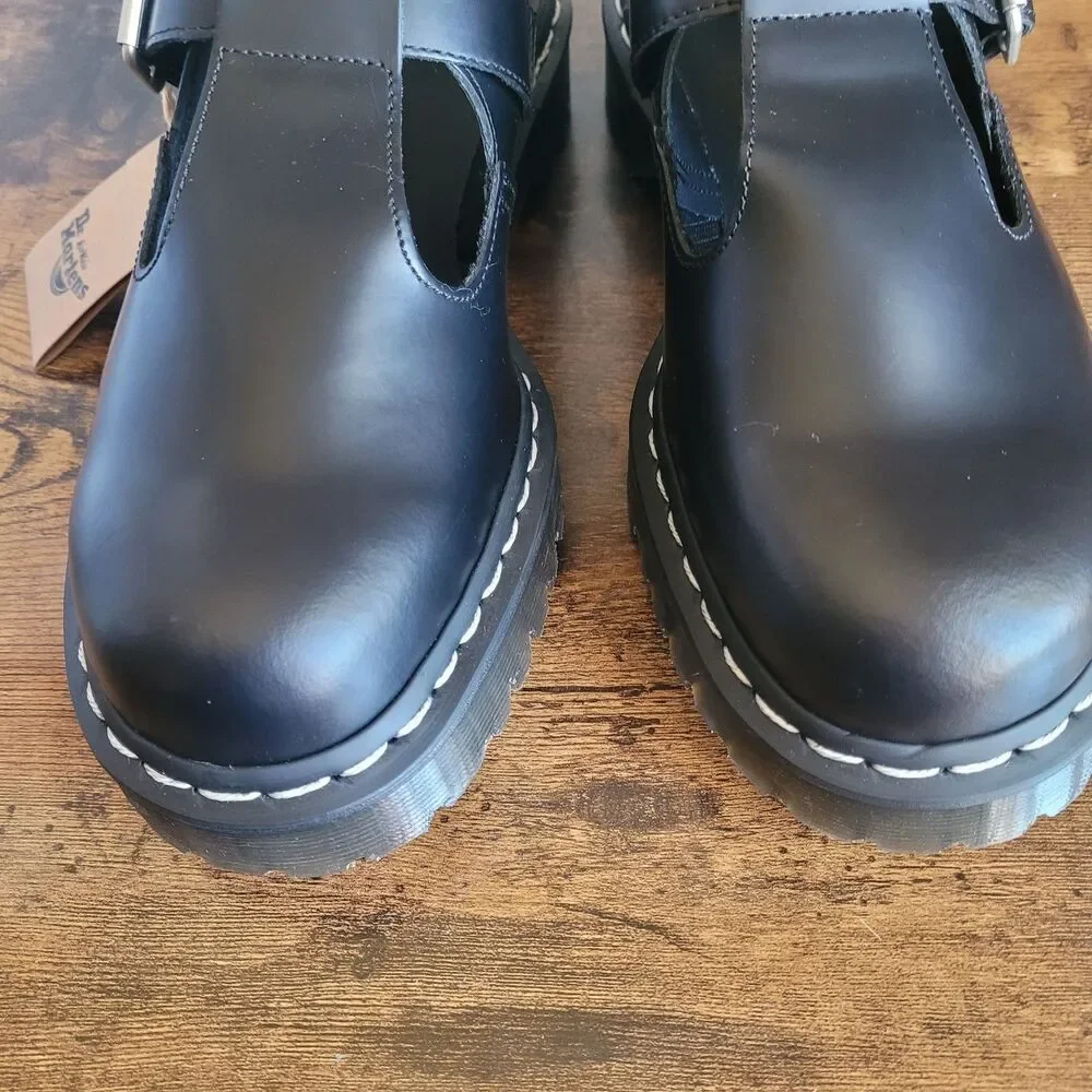 Dr Martens Womens Black Polley Air Wair Mary Jane Shoes Size 11 Grain T Bar New